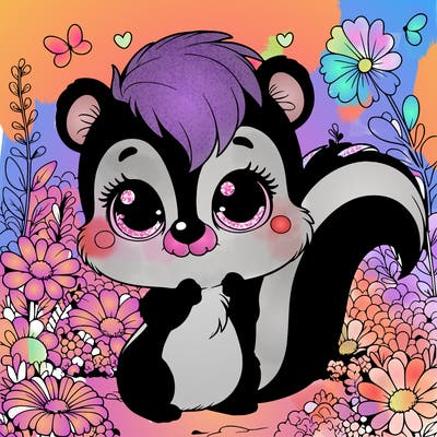a cute skunk with big eyes in a realistic field of flowers