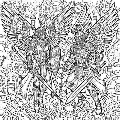 Embark on an epic coloring journey with two powerful Steampunk Warrior Angels, merging celestial might with industrial fantasy. This intricate design offers endless creative possibilities for enthusiasts of detailed art.