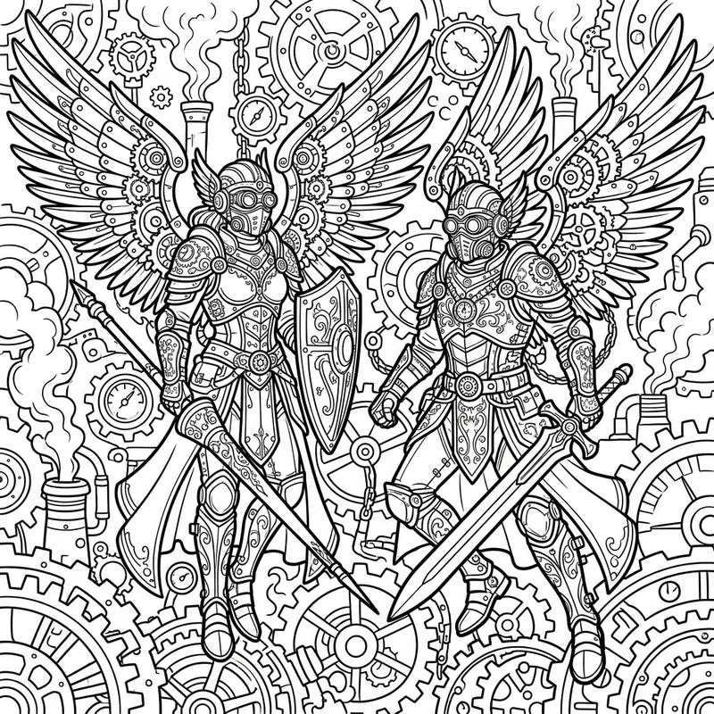 Embark on an epic coloring journey with two powerful Steampunk Warrior Angels, merging celestial might with industrial fantasy. This intricate design offers endless creative possibilities for enthusiasts of detailed art.