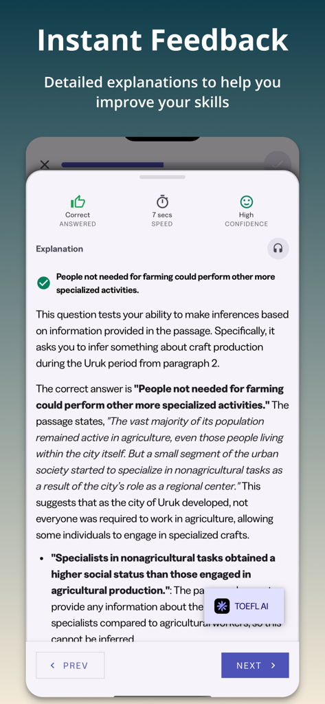 Screenshot of the Official TOEFL Practice app showing the instant feedback screen with a detailed AI powered answer explanation and performance metrics.
