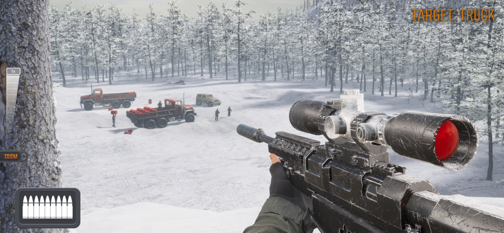 First-person view of a sniper rifle aiming at a target truck in a snowy forest.