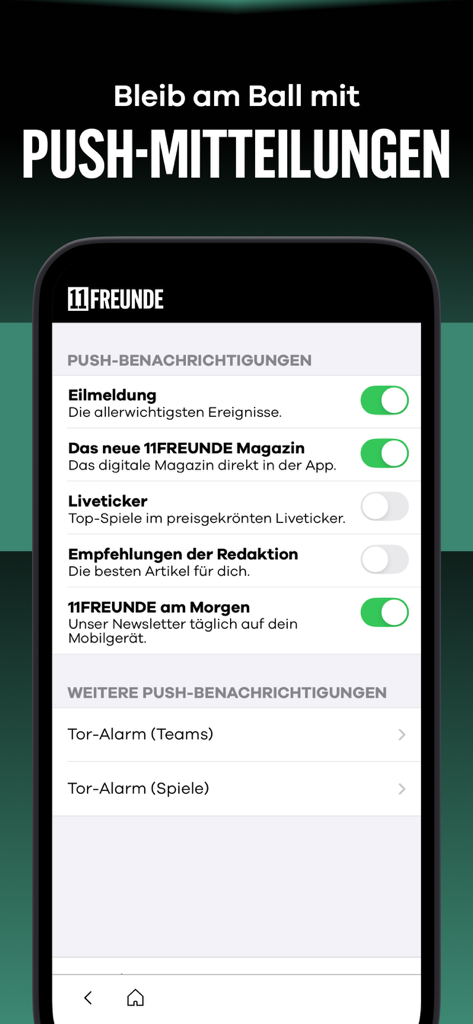 11FREUNDE - News & Liveticker - 경기 알림 및 매거진 업데이트를 포함한 축구 푸시 알림 설정 화면