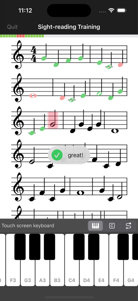 A mobile interface for music notation sight reading practice featuring sheet music and a virtual piano keyboard