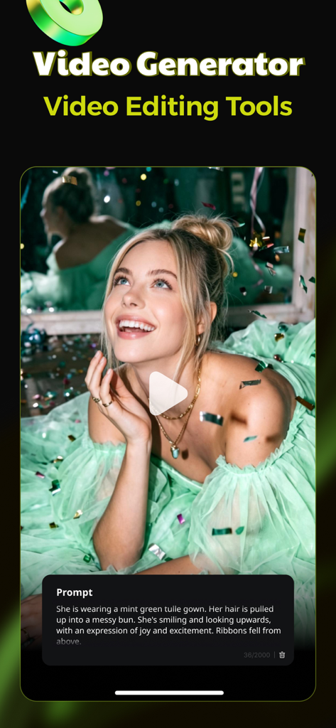 PixLike: Photo & Video Editor - Interface do aplicativo PixLike mostrando um recurso de gerador de vídeo com um retrato e prompt de texto