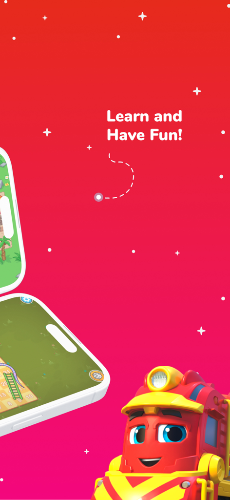 Kidjo Games: Kids Play & Learn - Pantalla promocional de la aplicación Kidjo Games con un personaje de tren rojo y dispositivos móviles mostrando juegos educativos para niños.