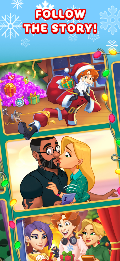 サンタクロース、カップル、ホリデーギフトを開ける友人たちのキャラクターが登場するゲームのストーリーシーンのコラージュ。