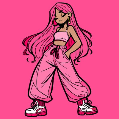 girl in baggy pants crop top and long hair