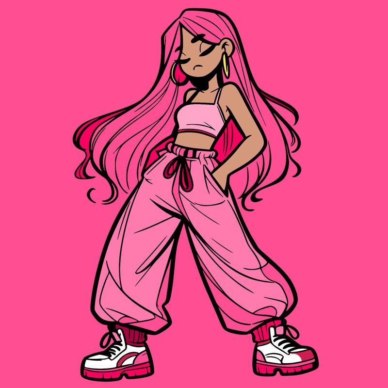 girl in baggy pants crop top and long hair