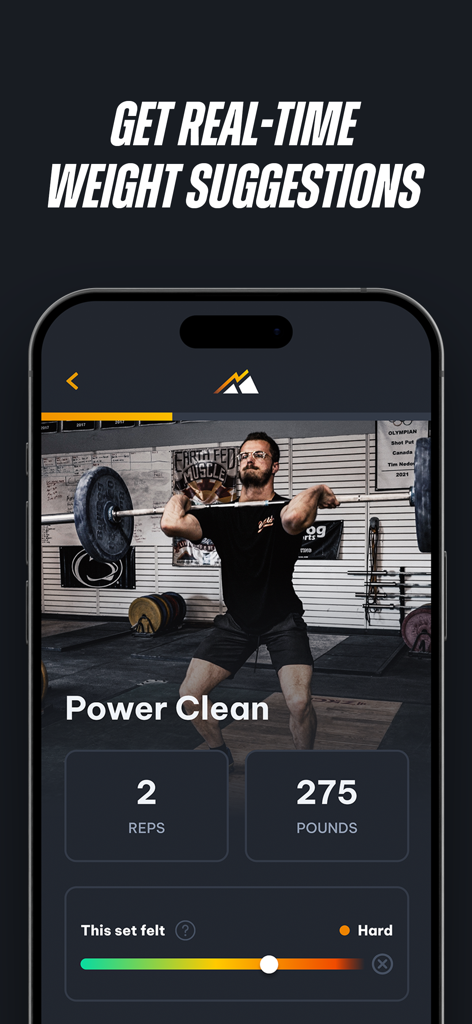Peak Strength - Peak Strength app interface showing real time weight suggestions and difficulty rating for a power clean exercise