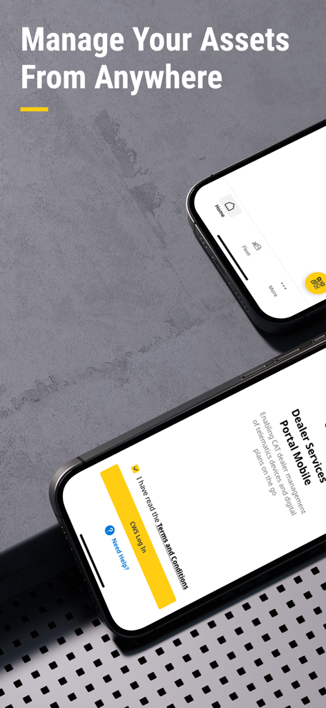 Cat® DSP Mobile - Two iPhones displaying the Cat DSP Mobile login screen and fleet management interface
