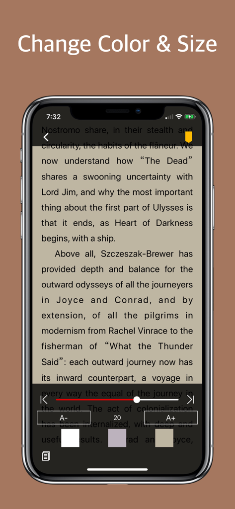 iPhone screen showing the Epub Reader app with options to change text size and background color while reading a digital book
