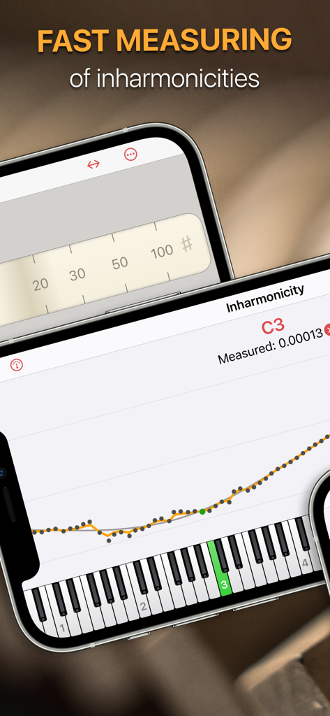 pianoscope – Piano Tuner - Interfaz de la aplicación pianoscope mostrando un gráfico para medir las inharmonicidades del piano.