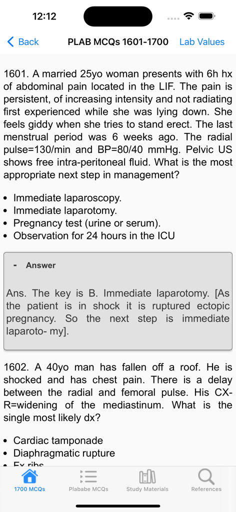 Interface of the PLAB Question Bank mobile app showing multiple choice medical questions and explanations