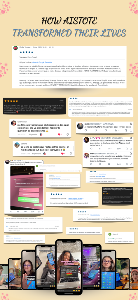 A collection of positive student reviews and app screenshots for the Aistote AI quiz app.