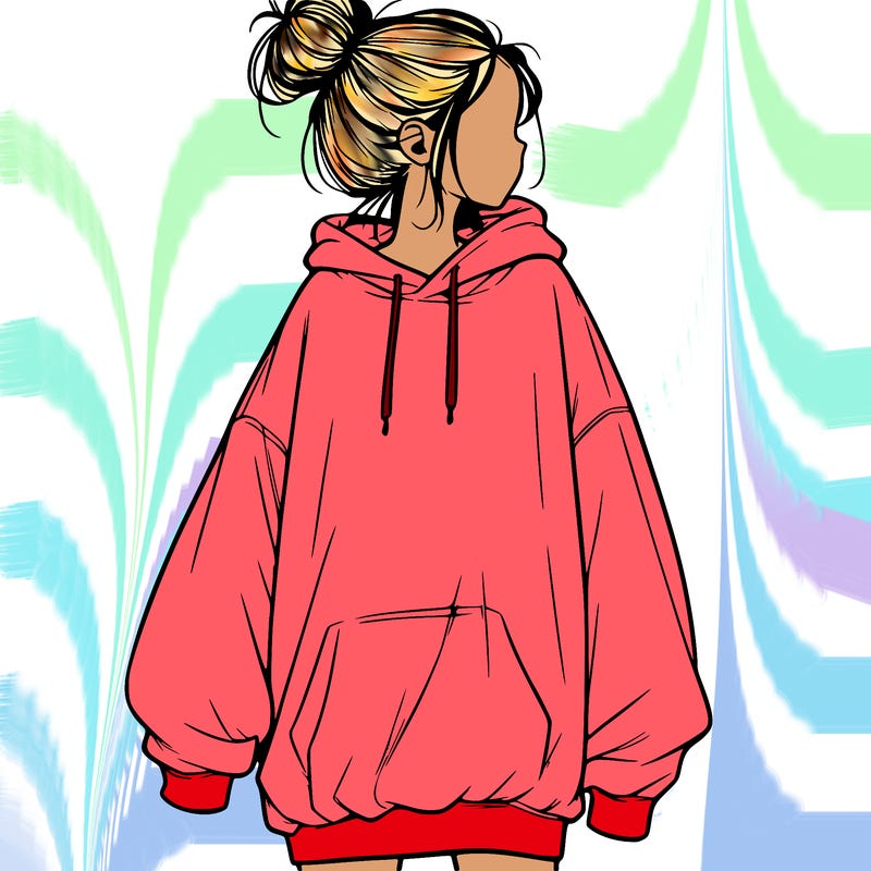realistic girl with a oversized sweatshirt on and a bun