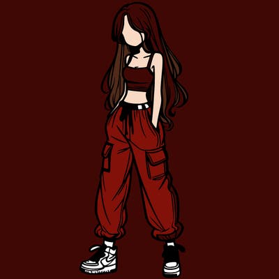 girl in baggy pants crop top and long hair