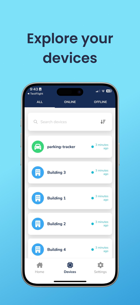 Ubidots IoT - Ubidots IoT mobile app screen showing a list of online connected devices