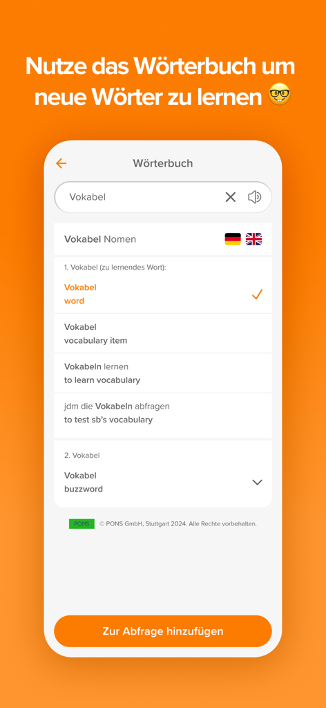 phase6: Practice vocabulary - La fonction dictionnaire de l'application phase6 affichant les traductions de l'allemand vers l'anglais pour les mots de vocabulaire