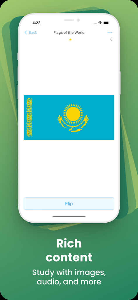 AlgoApp Flashcards - A flashcard app interface showing a flag of Kazakhstan with the text rich content study with images audio and more