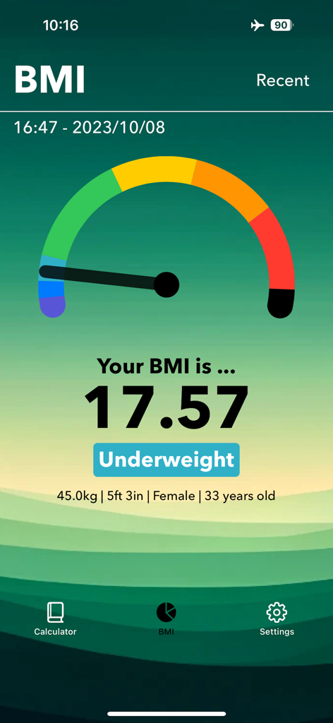 Smart BMI & Health Calculator - Smart BMI app interface showing an underweight result of 17.57 on a color coded gauge