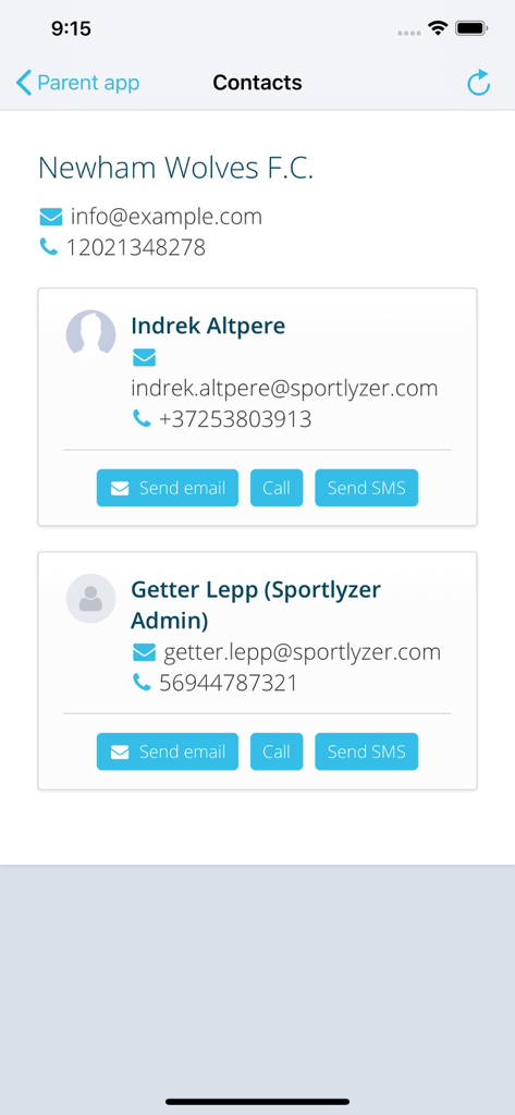 Lista de contactos para entrenadores y administradores de clubes deportivos con opciones para enviar correos electrónicos, llamar o enviar SMS