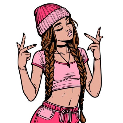 realistic teenage girl with braids and a beanie and crop top doing 🫶🏼