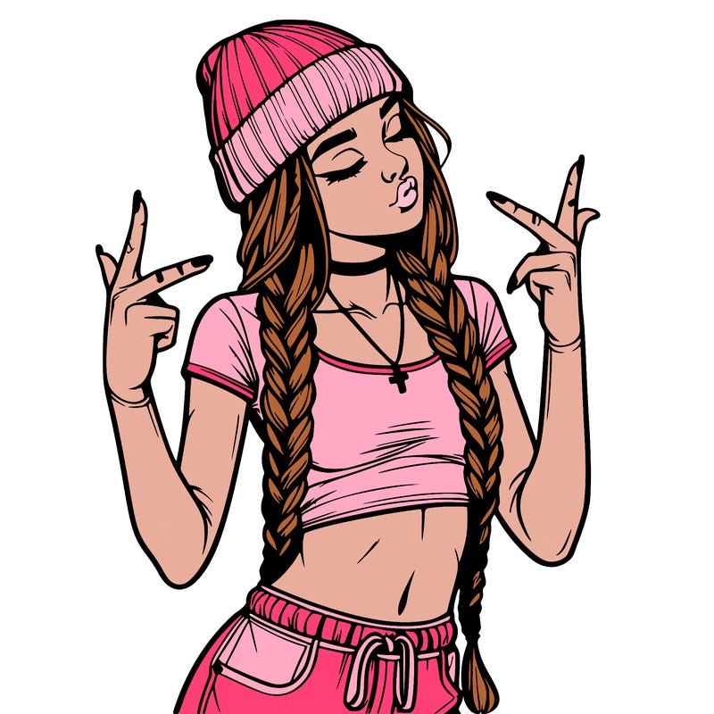 realistic teenage girl with braids and a beanie and crop top doing 🫶🏼