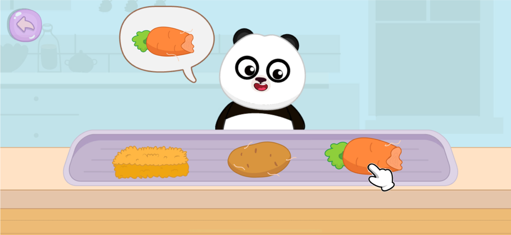 Kids Cooking Games for Toddler - Personagem de panda de desenho animado pedindo uma cenoura em um jogo de culinária educativo infantil