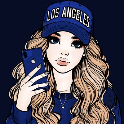 realistic beautiful girl wearing los ángeles cap holding an iphone