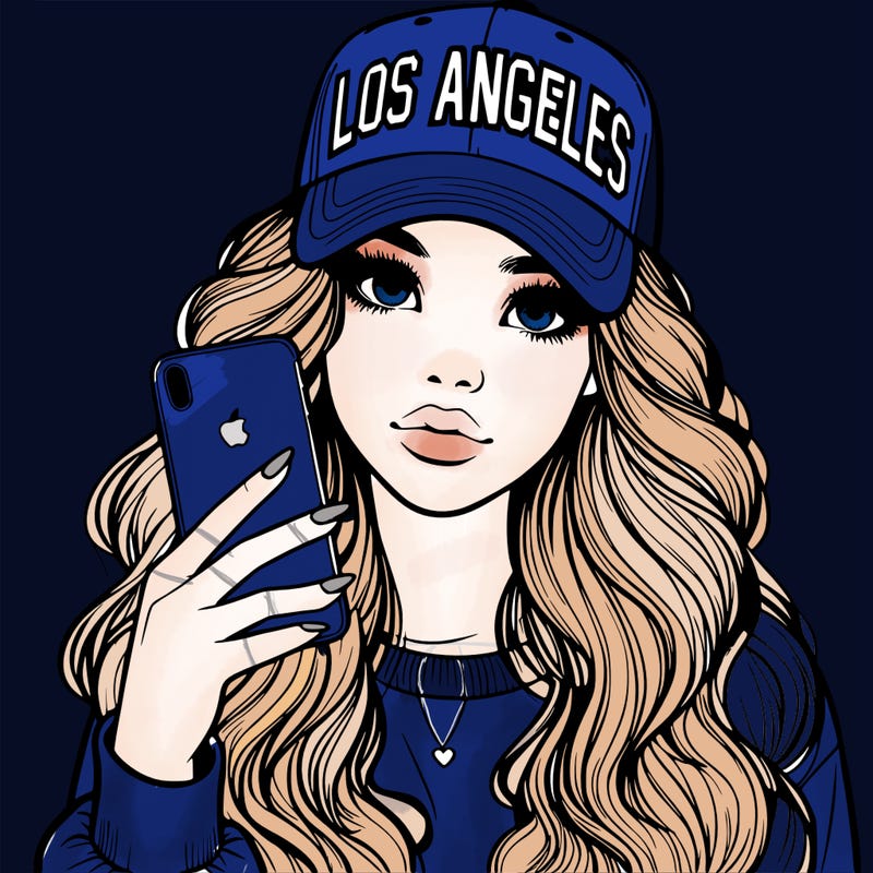 realistic beautiful girl wearing los ángeles cap holding an iphone