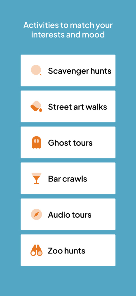 Let's Roam: Scavenger Hunts - Elenco delle attività nell'app Lets Roam, incluse cacce al tesoro, tour dei fantasmi e pub crawl.