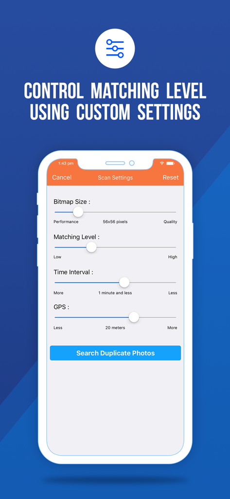 Duplicate Photos Fixer - iPhone screen displaying the custom scan settings in Duplicate Photos Fixer with sliders for matching level, time interval, and GPS location