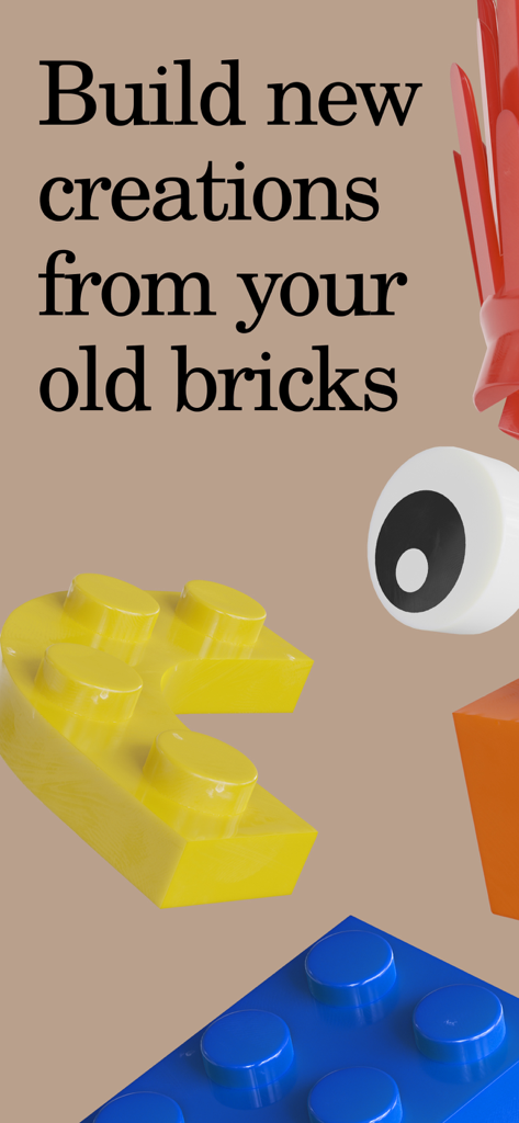 Brickit App - Immagine promozionale per l'App Brickit con mattoncini colorati e testo che dice Costruisci nuove creazioni dai tuoi vecchi mattoncini