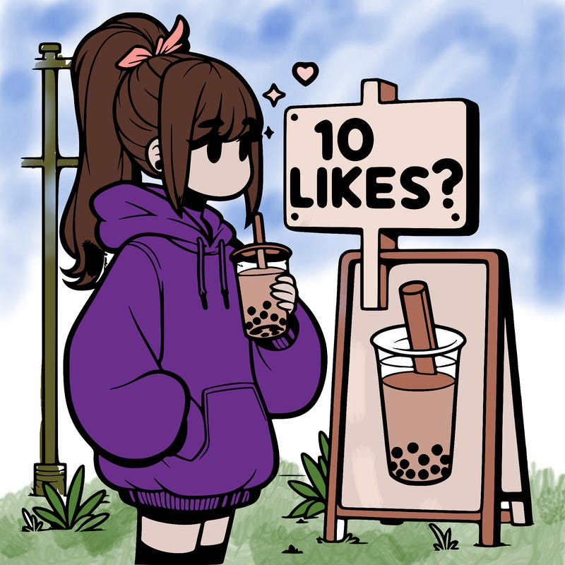 girl with oversized hoodie drinking boba and she has a high ponytail with a sign that says 10likes?