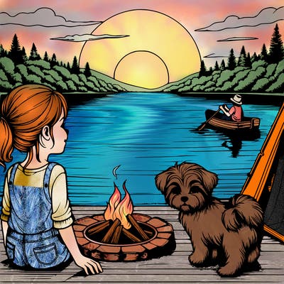realistic girl looking at lake with sun setting she has a little dog next to her and a tent she’s camping next to a lake maybe a fire pit next to her too and someone boating on the lake