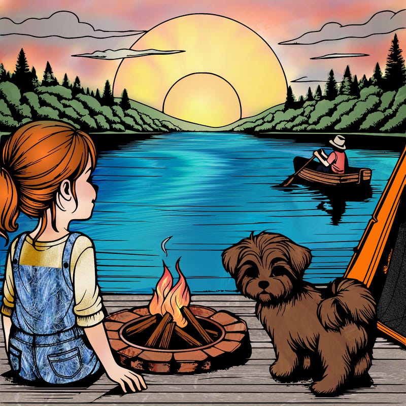 realistic girl looking at lake with sun setting she has a little dog next to her and a tent she’s camping next to a lake maybe a fire pit next to her too and someone boating on the lake