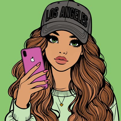 realistic beautiful girl wearing los ángeles cap holding an iphone