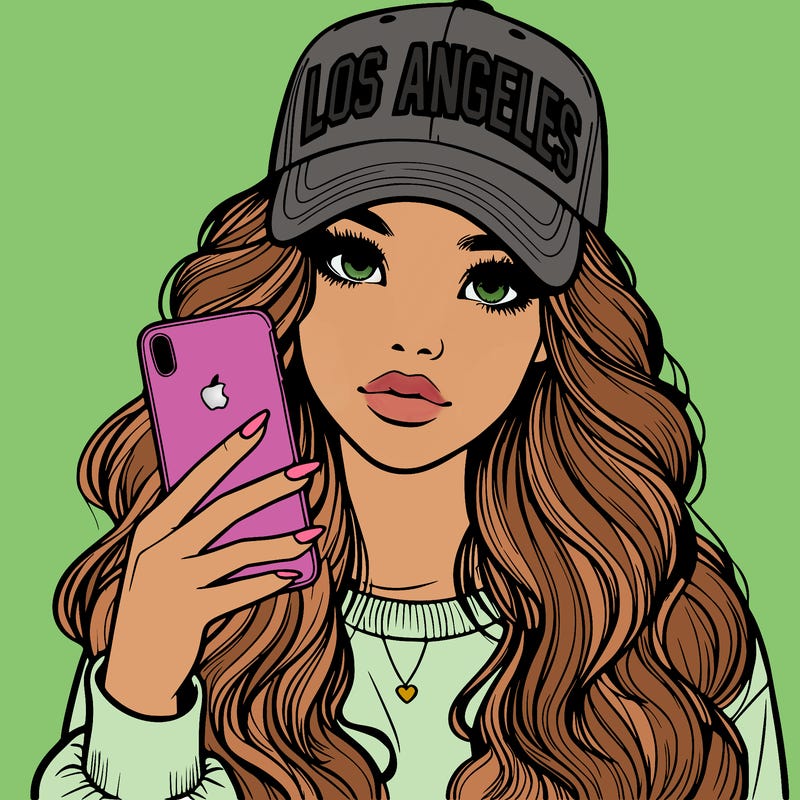 realistic beautiful girl wearing los ángeles cap holding an iphone