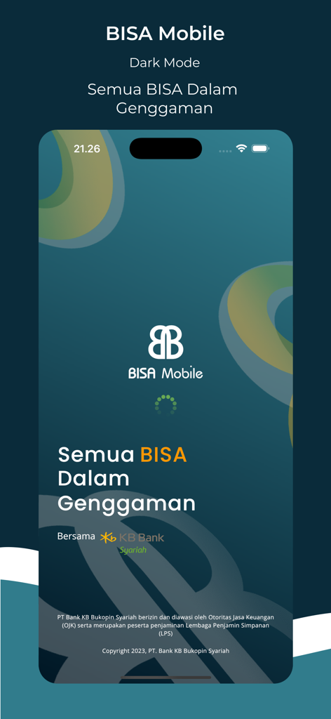 BISA Mobile - BISA Mobile app welcome screen by KB Bank Syariah in dark mode with Indonesian slogan