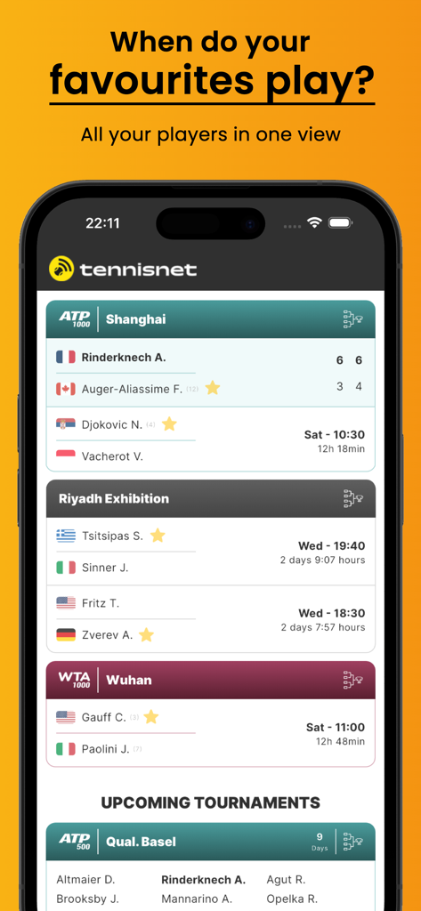 Tennis Fan - ATP / WTA - Tennis Fan app screen showing upcoming tennis matches for ATP and WTA tours