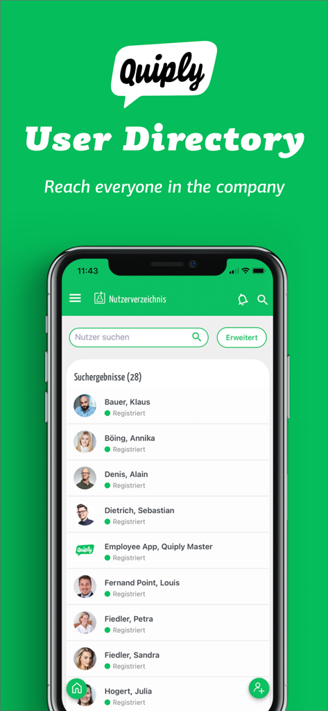Smartphone screen showing the Quiply app user directory with a searchable list of company employees