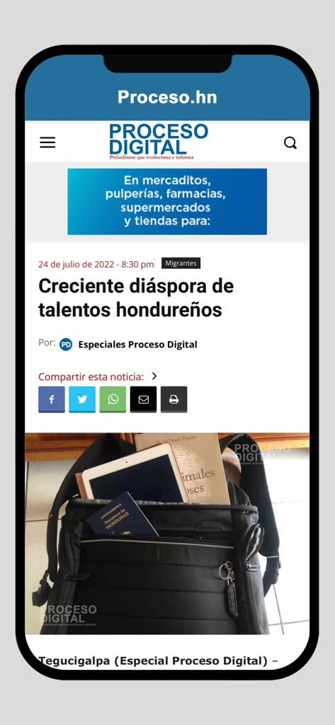Mobilbildschirm mit einem Nachrichtenartikel von Proceso Digital über die honduranische Talent-Diaspora mit Social-Sharing-Buttons.