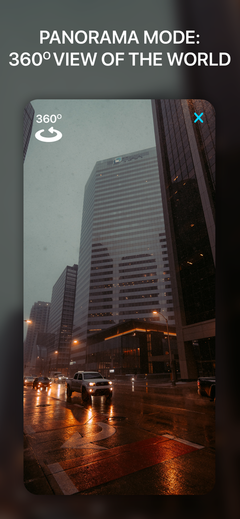 360 degree street view of a city at night in panorama mode