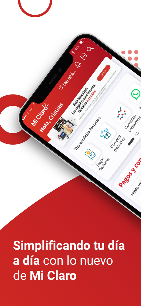 Mi Claro Colombia - Écran d'accueil de l'application Mi Claro Colombie sur un smartphone montrant les options de paiement de factures et de gestion des services mobiles