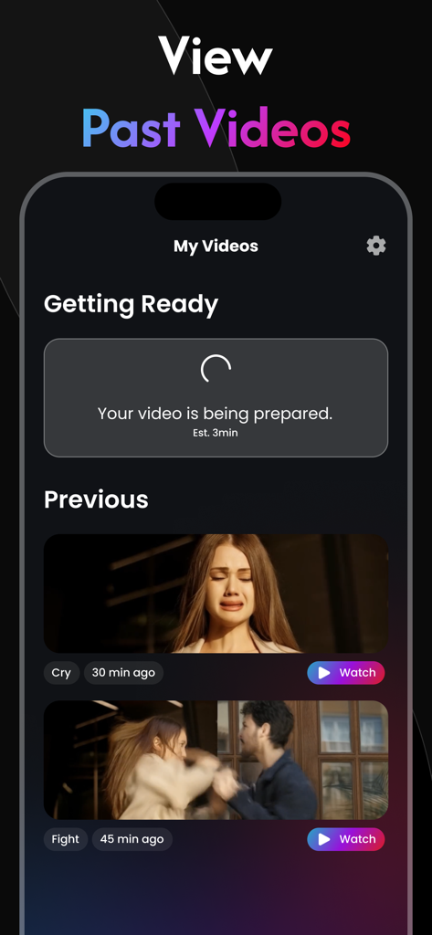 Hugi 앱 인터페이스에 이전에 생성된 AI 비디오 목록과 진행 중인 비디오가 표시됩니다.