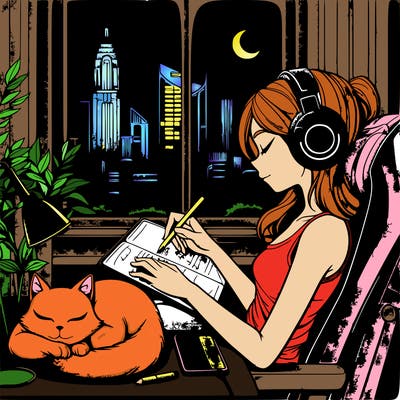 peaceful lofi girl sitting on her gaming chair with a calm atmosphere listening to jazz music with her black headphones. sitting sleepily on her lap is her white cat with blue eyes. she is journaling with an apple pencil on her ipad pro.  there is a window which has a sight of of beautiful city skyscrapers. it is night time