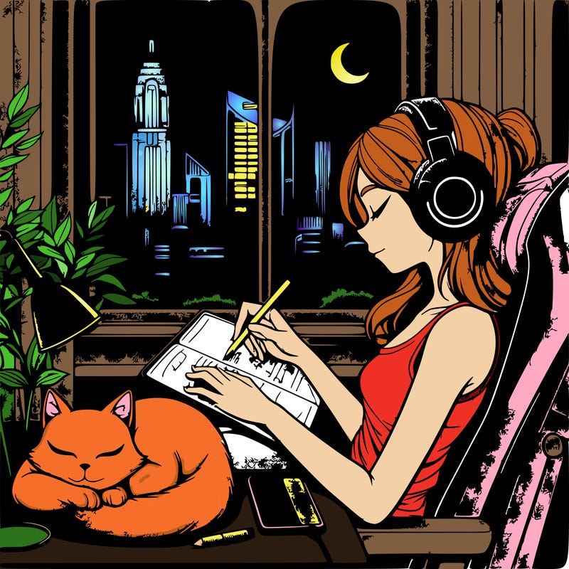 peaceful lofi girl sitting on her gaming chair with a calm atmosphere listening to jazz music with her black headphones. sitting sleepily on her lap is her white cat with blue eyes. she is journaling with an apple pencil on her ipad pro.  there is a window which has a sight of of beautiful city skyscrapers. it is night time