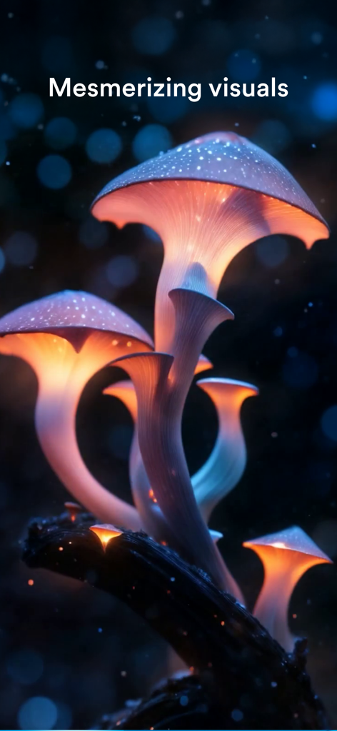 Biolumineszierende leuchtende Pilze, die die hypnotisierenden visuellen Effekte der TRIPP Wellness-App illustrieren.