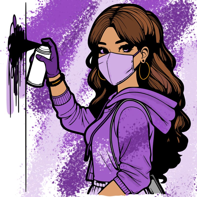 realistic girl with mask spray painting a wall