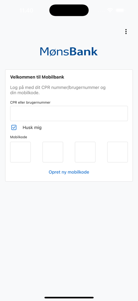 Møns Bank - Pantalla de inicio de sesión de la aplicación de banca móvil Mons Bank con campos para nombre de usuario y código móvil.